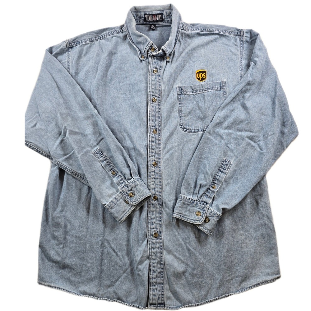 Time Out‎ UPS Logo Denim Shirt Mens XL Light Blue Jean Button Down Vintage